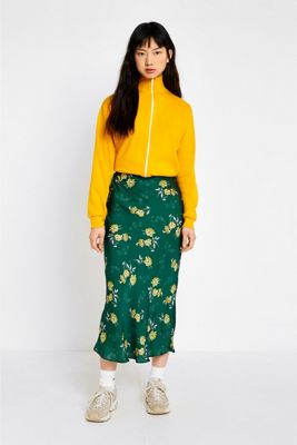 UO Green Satin Floral Midi Skirt