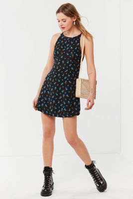 UO Mabel Black Floral High-Neck Empire Mini Dress