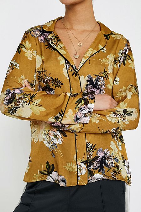 UO Mustard Floral PJ Button-Down Shirt