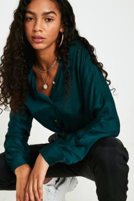 UO Jenna Blue Satin Tie-Front Long-Sleeve Shirt | Urban Outfitters UK