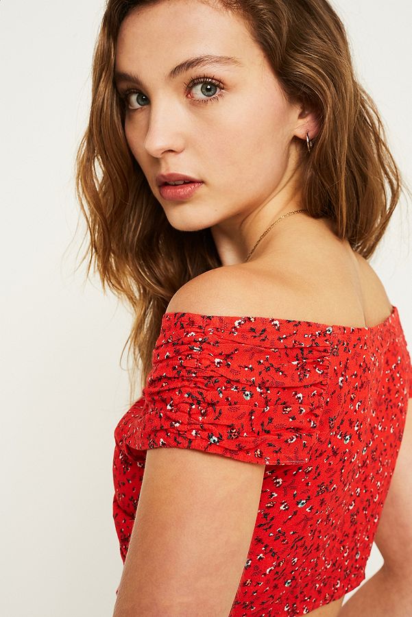 UO Ruched Red Floral Bardot Top | Urban Outfitters