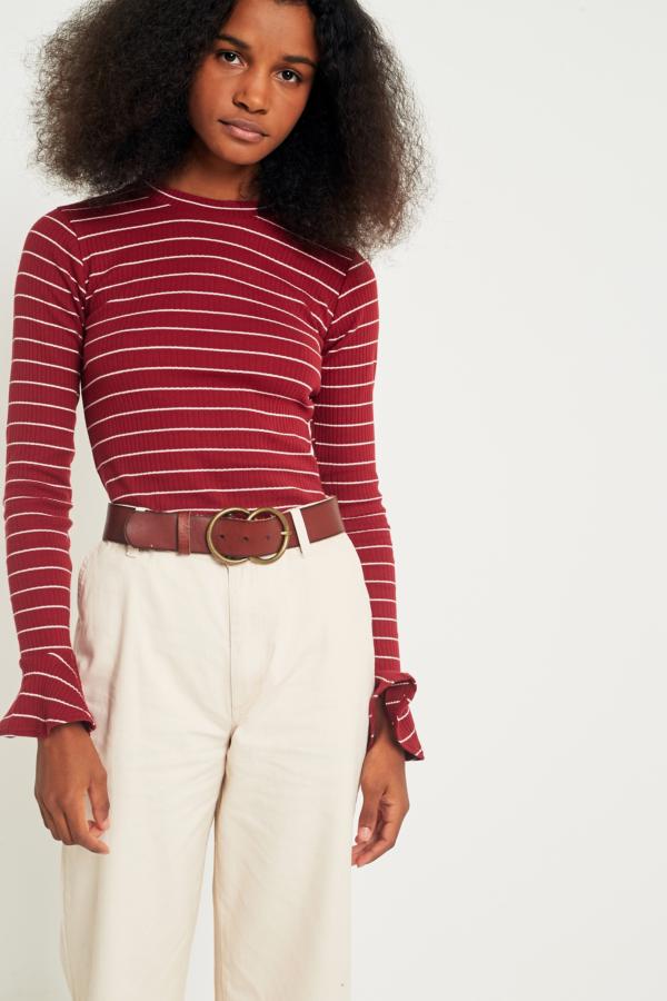 UO Striped Ribbed Trumpet Sleeve Top | Urban Outfitters
