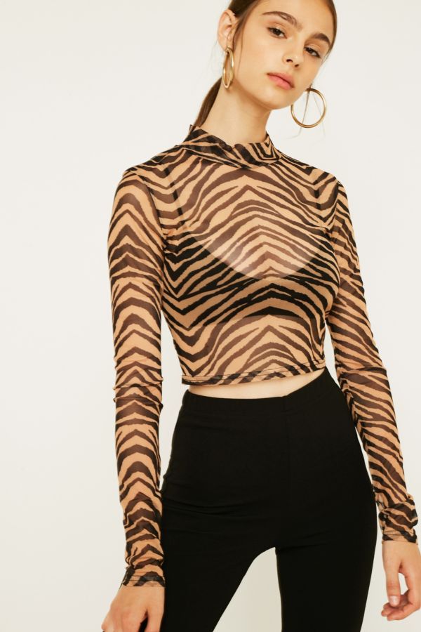 UO Tiger Print Funnel Neck Mesh Top | Urban Outfitters UK