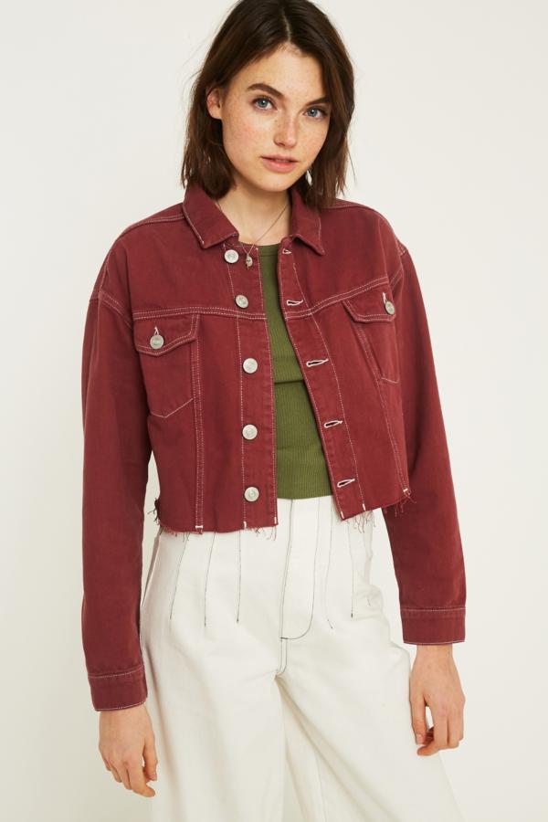 UO Contrast Stitch Pink Crop Denim Jacket | Urban Outfitters