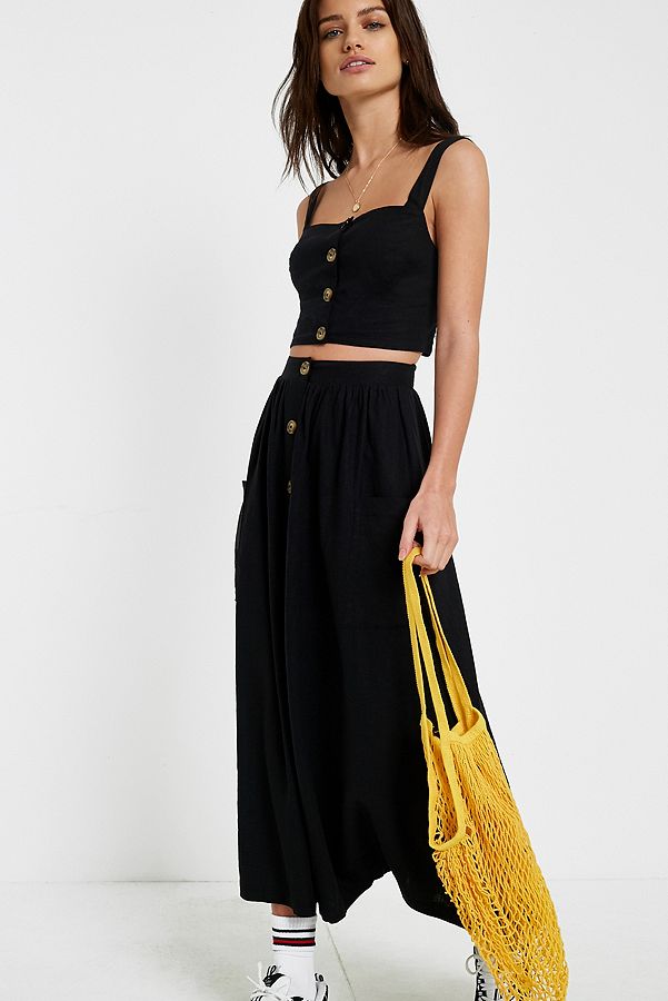 UO Emilia Black Button-Through Midi Skirt | Urban Outfitters