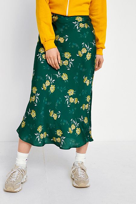 UO Green Satin Floral Midi Skirt
