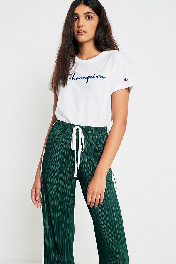 Light Before Dark Green and Ivory Puddle Plisse Trousers | Urban Outfitters