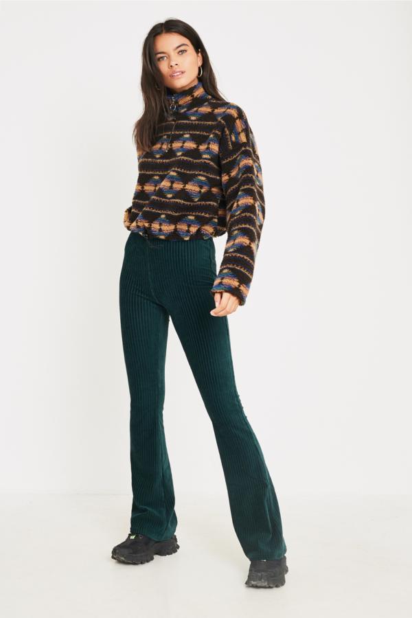 UO Dark Green Velvet Flare Trousers | Urban Outfitters UK