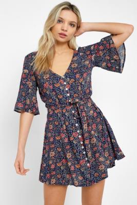 UO Daydream Blue Floral Button-Through Dress | Urban Outfitters UK