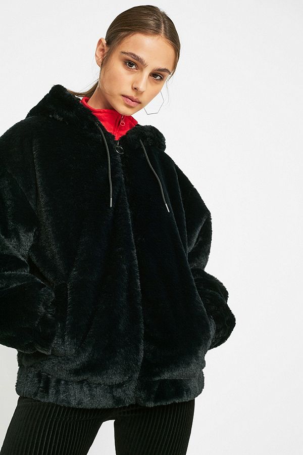 Slide View: 1: UO Faux Fur Hooded Bomber Jacket