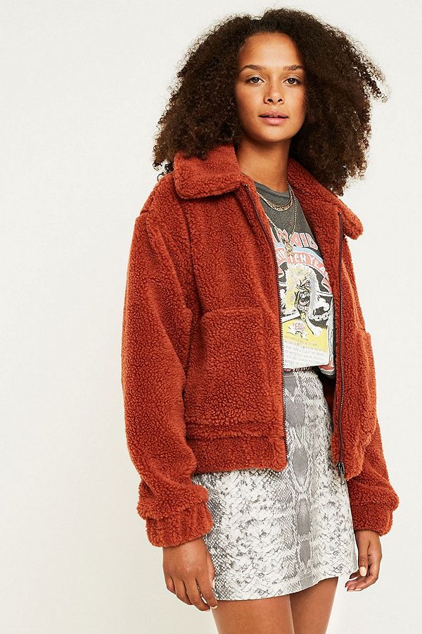 UO Red Cropped Teddy Jacket | Urban Outfitters UK