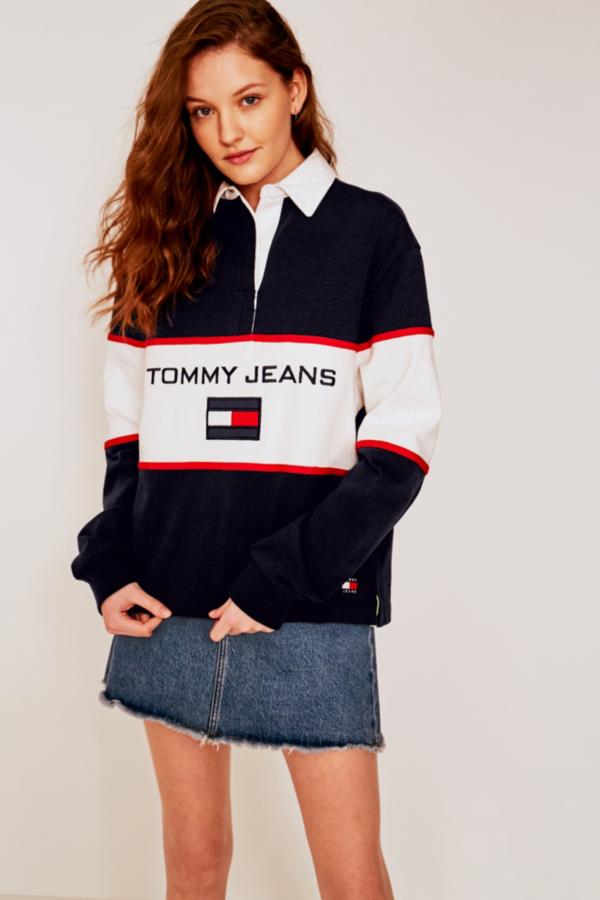 Tommy Jeans Navy Stripe Rugby Top | Urban Outfitters