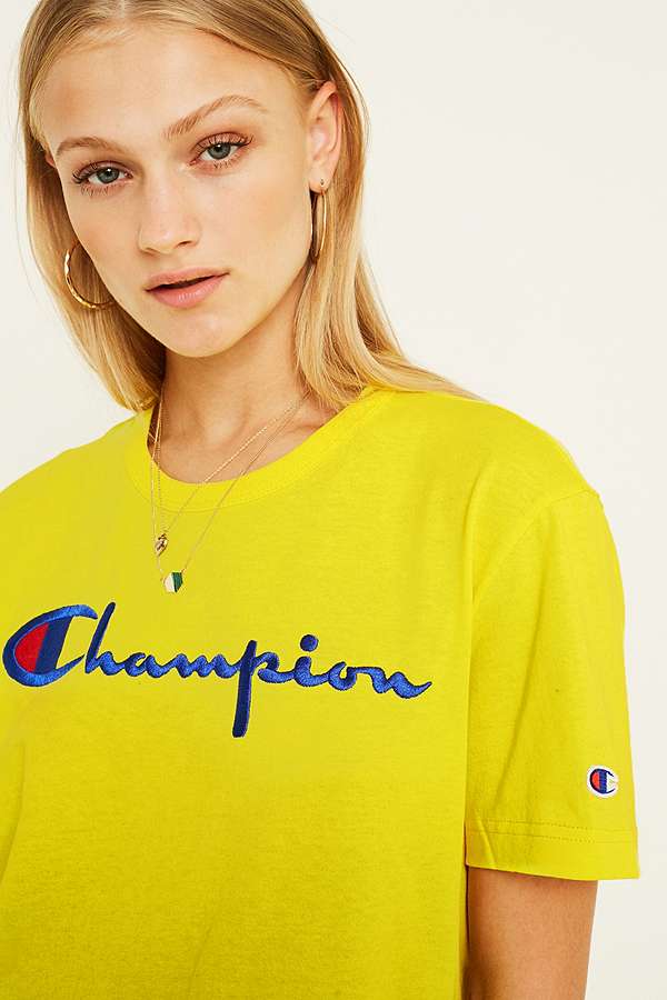 Champion Script Logo Yellow T-Shirt | Urban Outfitters UK