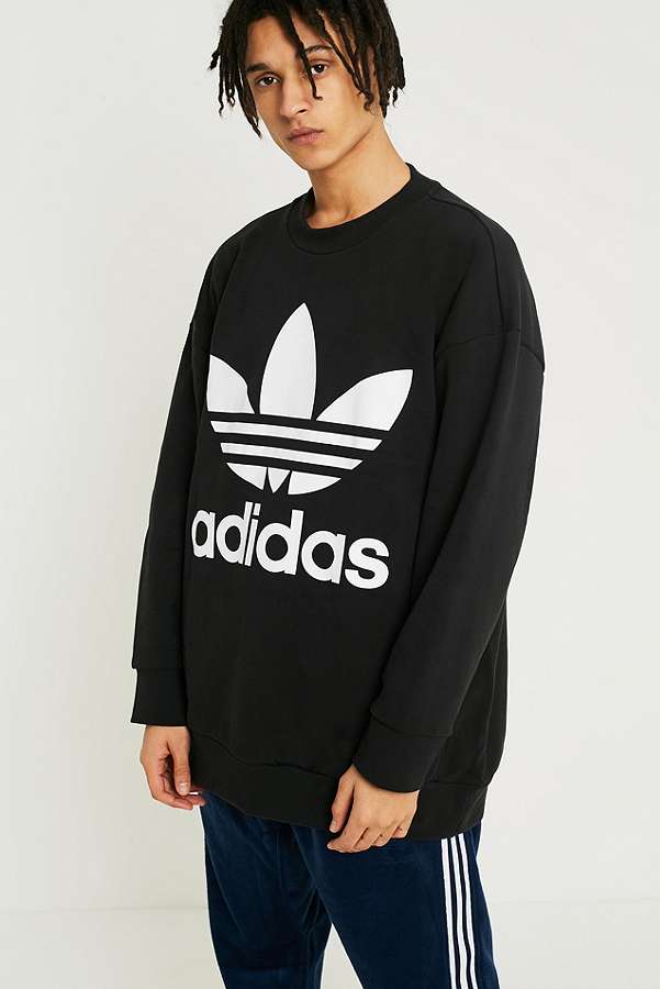 adidas Trefoil Logo Black Oversized Crew Neck Sweatshirt | Urban Outfitters