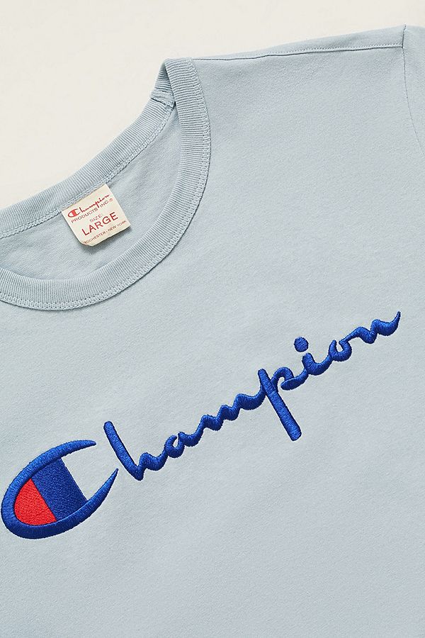 Champion Script Dusty Blue T-Shirt | Urban Outfitters
