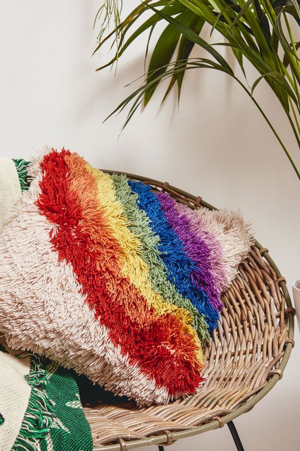 Fluffy Rainbow Throw Cushion Urban Outfitters UK