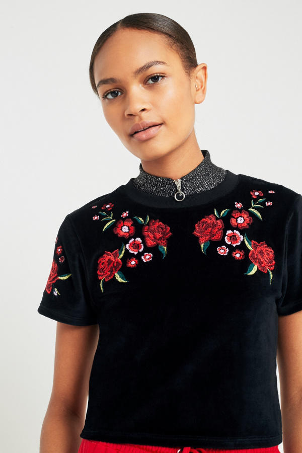 Pins & Needles Velvet Embroidered Floral TShirt Urban Outfitters