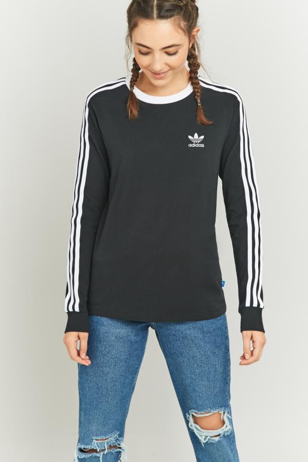 adidas Originals 3-Stripes Long Sleeve Black T-shirt | Urban Outfitters