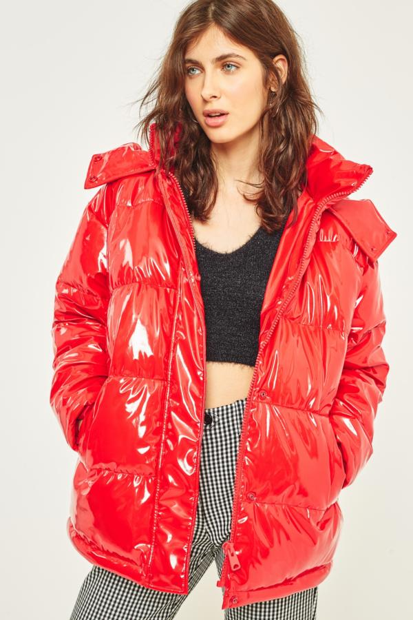 Slide View: 1: Light Before Dark Red Vinyl Hooded Puffer Jacket