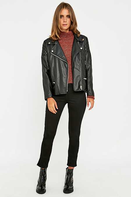 BDG Faux Leather Quilted Biker Jacket in Black