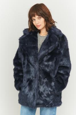 Jakke Heather Navy Faux-Fur Coat - Urban Outfitters